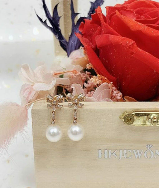 18K Rose Gold Akoya Pearl Bow Diamond Earrings