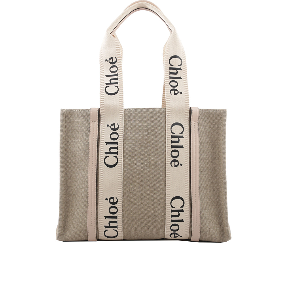 【Chloé】Woody 亞麻帆布拼牛皮托特包(中款)