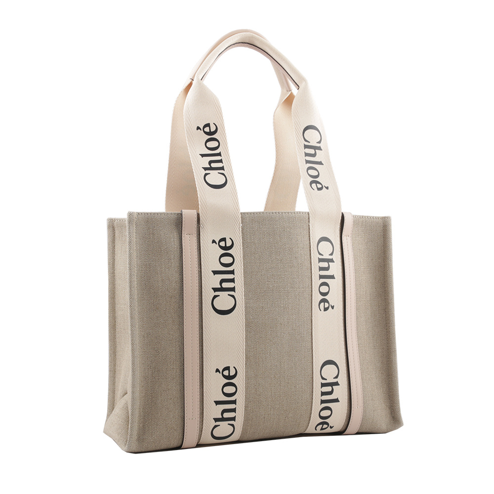 【Chloé】Woody 亞麻帆布拼牛皮托特包(中款)