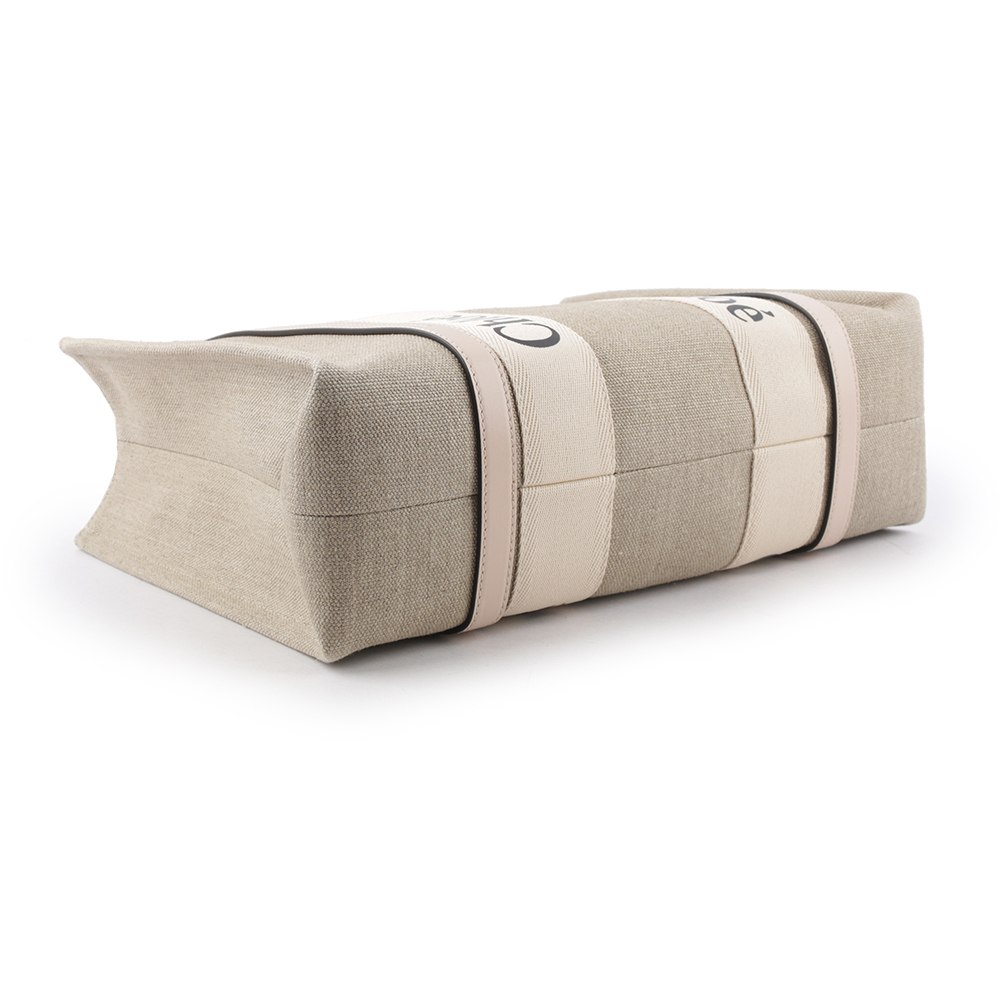 【CHLOE'】Woody 亞麻帆布拼牛皮托特包(中款)(灰粉色) CHC22AS383I266J5