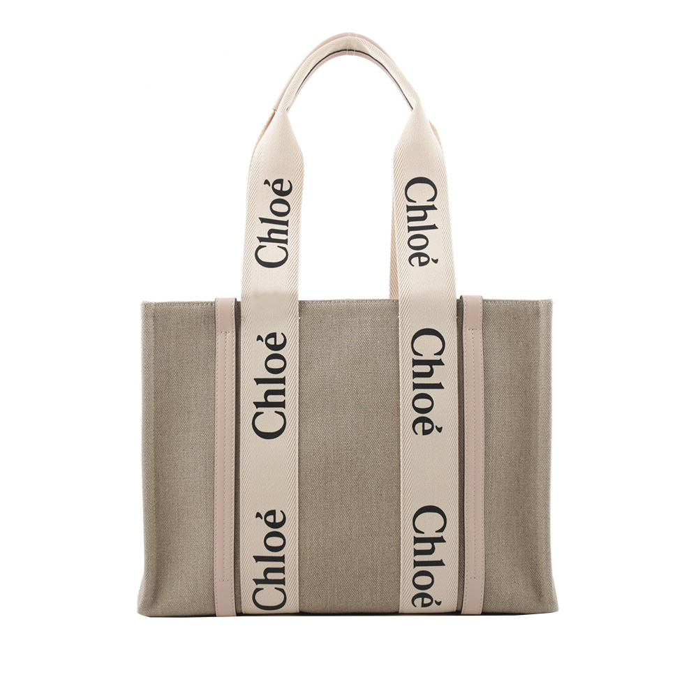 【CHLOE'】Woody 亞麻帆布拼牛皮托特包(中款)(灰粉色) CHC22AS383I266J5