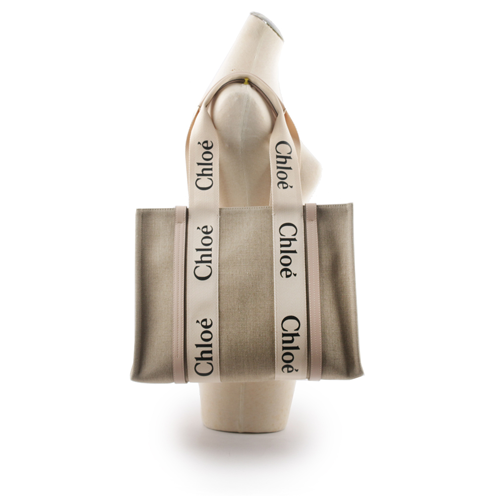 【CHLOE'】Woody 亞麻帆布拼牛皮托特包(中款)(灰粉色) CHC22AS383I266J5