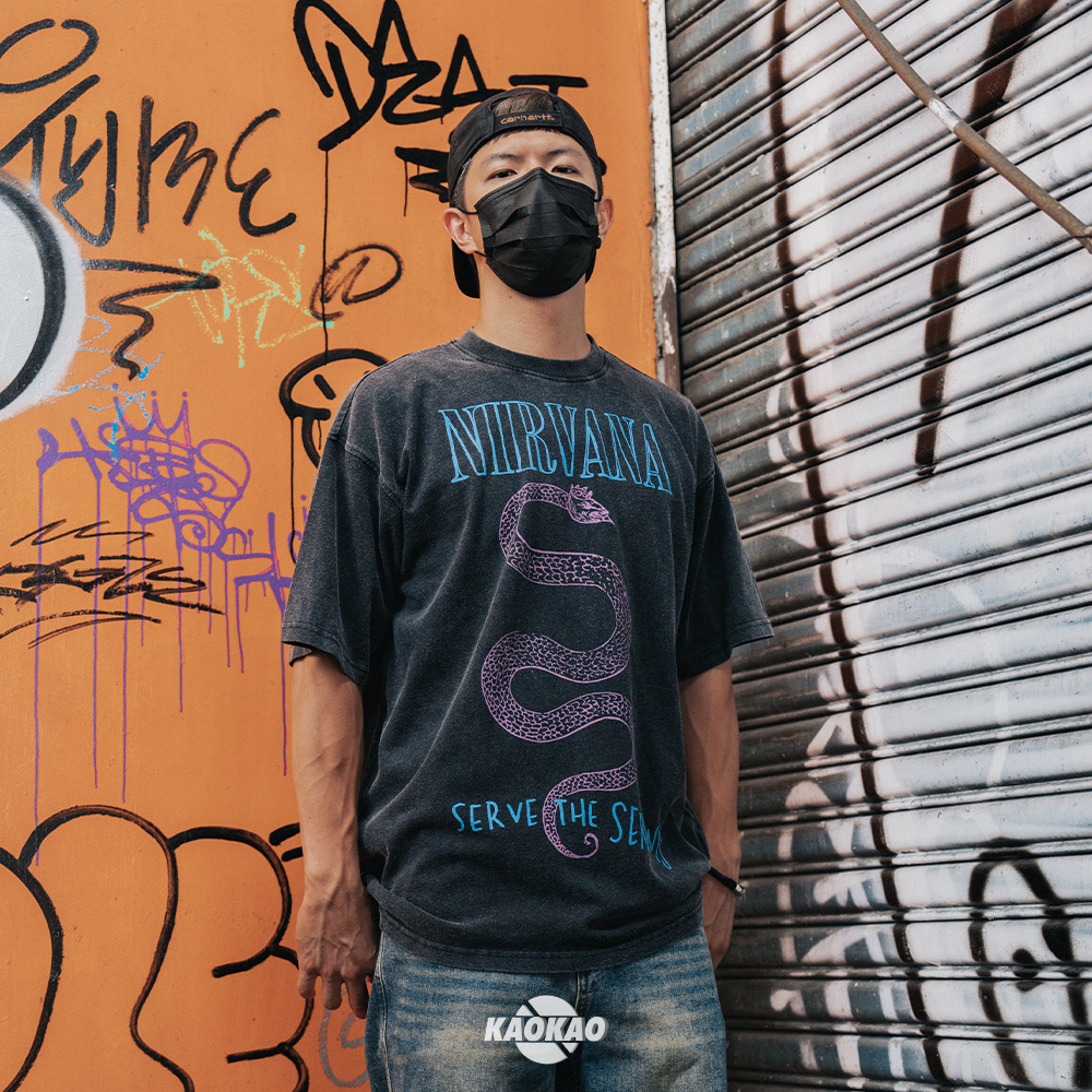 2023春夏新款 復古水洗 做舊 NIRVANA 蛇 印花 短袖 T恤 高街
