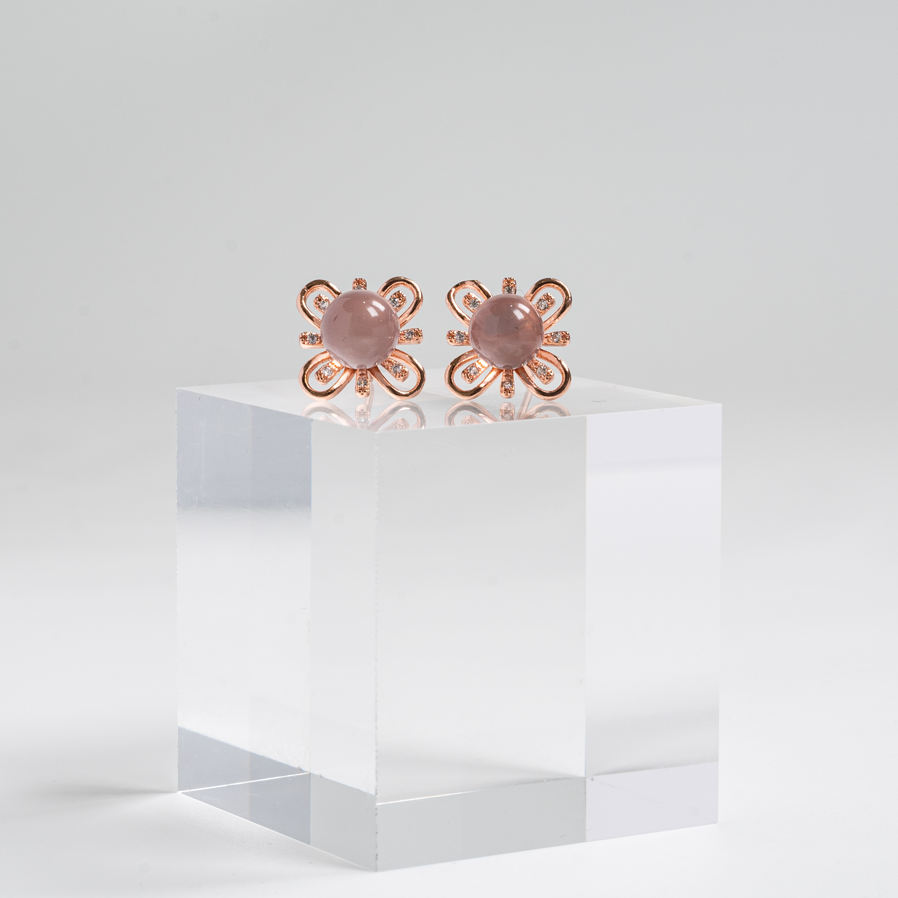 【粉水晶】玫瑰金花花耳環