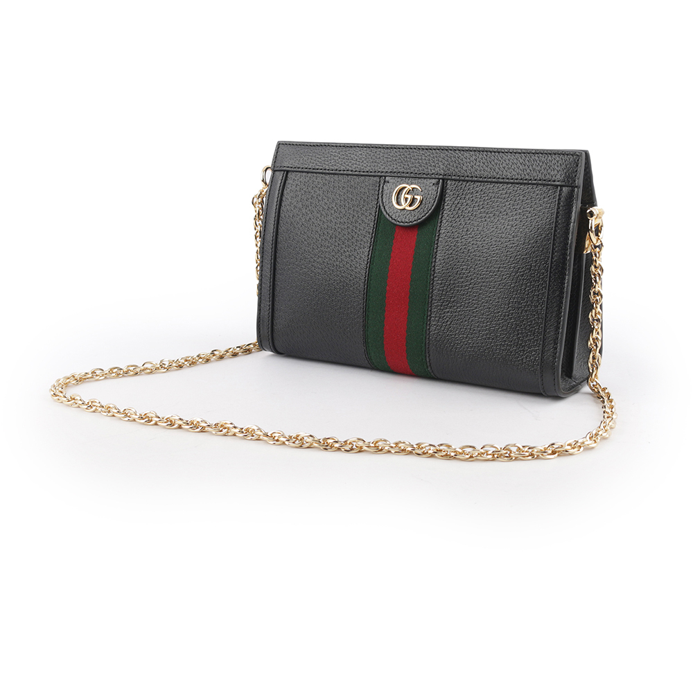 【GUCCI】Ophidia GG 綠紅織帶牛皮鏈包(黑色) 719883 DJ2DG 1060