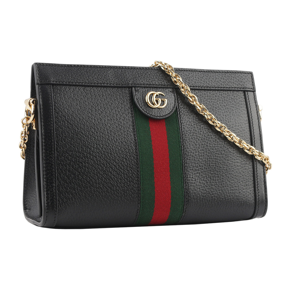 【GUCCI】Ophidia GG 綠紅織帶牛皮鏈包(黑色) 719883 DJ2DG 1060