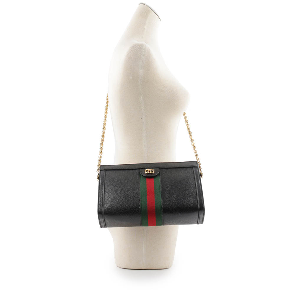 【GUCCI】Ophidia GG 綠紅織帶牛皮鏈包(黑色) 719883 DJ2DG 1060