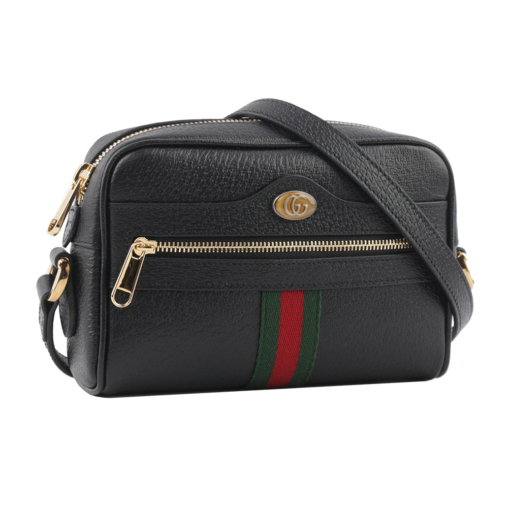 【GUCCI】GG Ophidia 綠紅織帶牛皮迷你斜背包(黑色) 719885 DJ2DG 1060