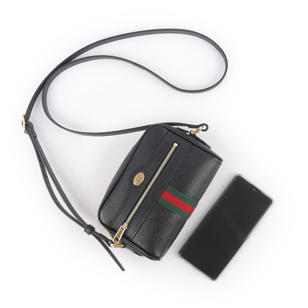 【GUCCI】GG Ophidia 綠紅織帶牛皮迷你斜背包(黑色) 719885 DJ2DG 1060