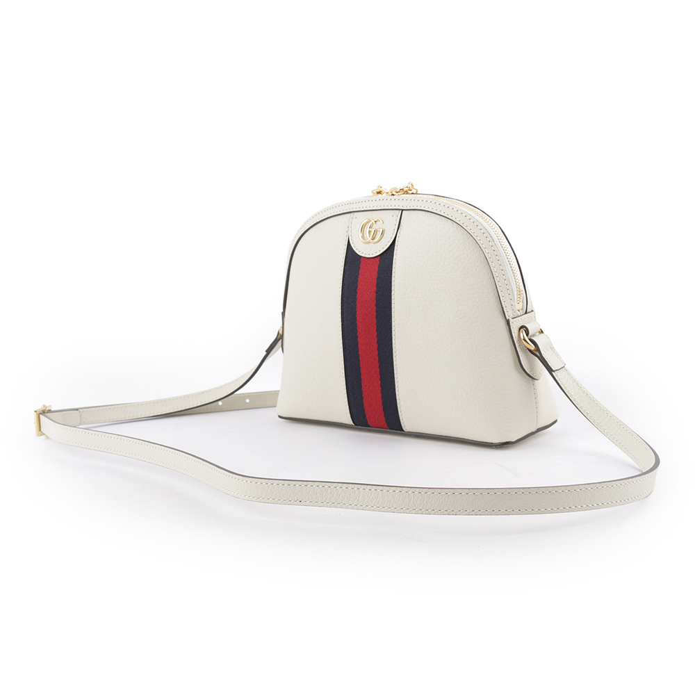 【GUCCI】GG Ophidia 藍紅織帶牛皮貝殼包(白色) 719881 DJ2DG 8454