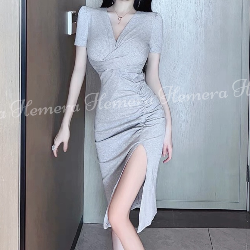 DR23S0946 Deep V扭結減重棉質開叉連身裙