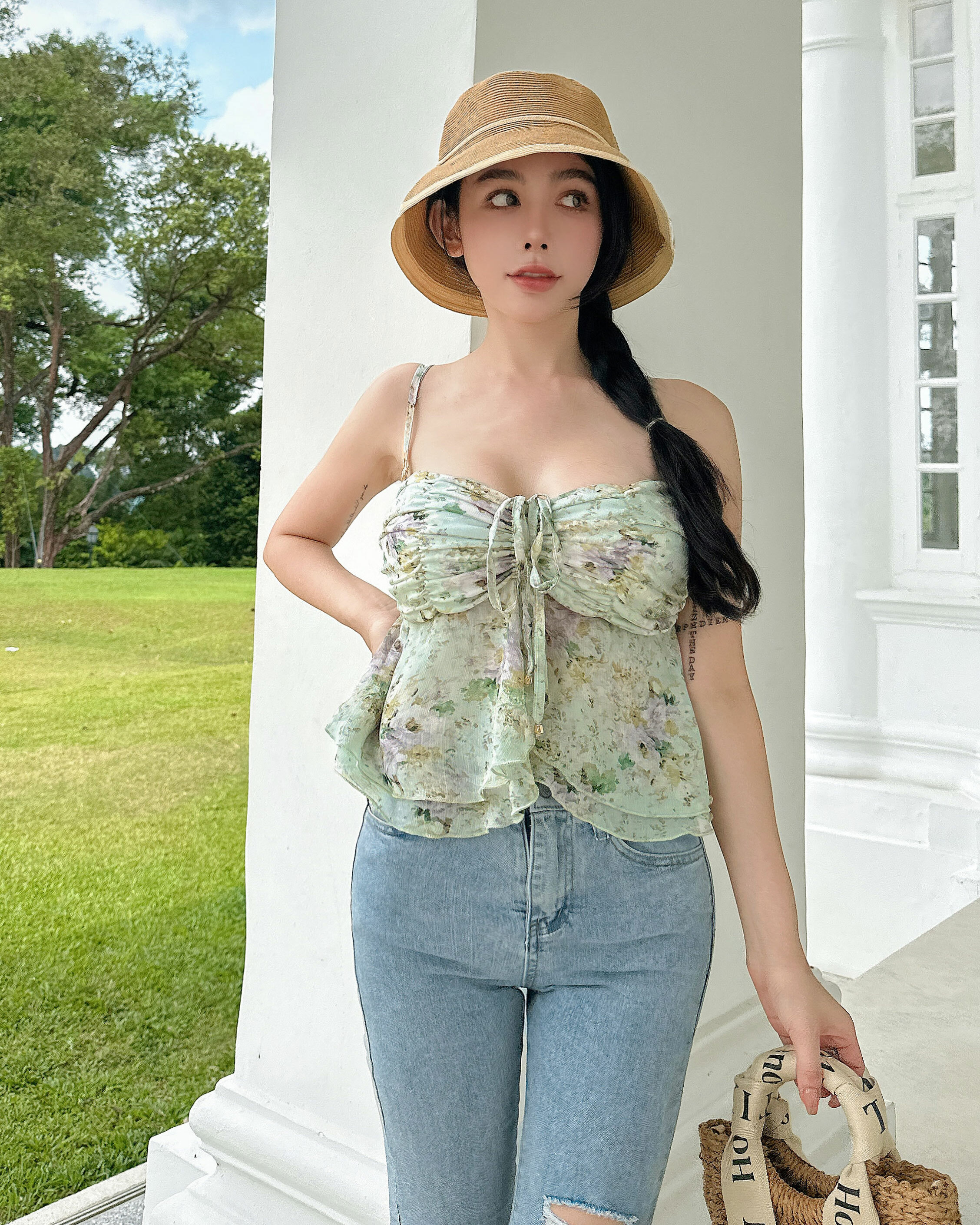 ⭒訂製-法式印花兩穿抽繩雪紡上衣