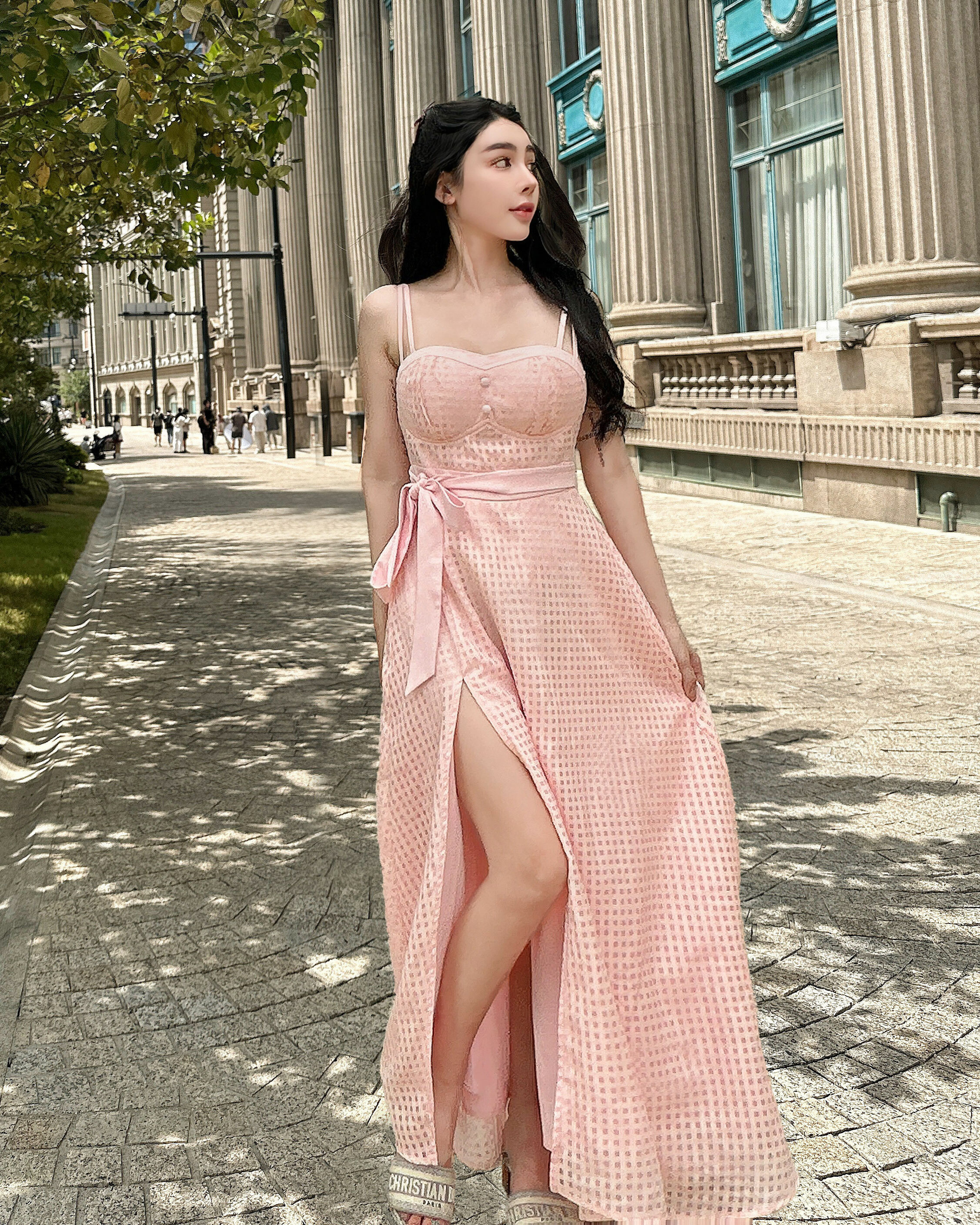 ⭒訂製-小清新格紋綁帶開衩長洋