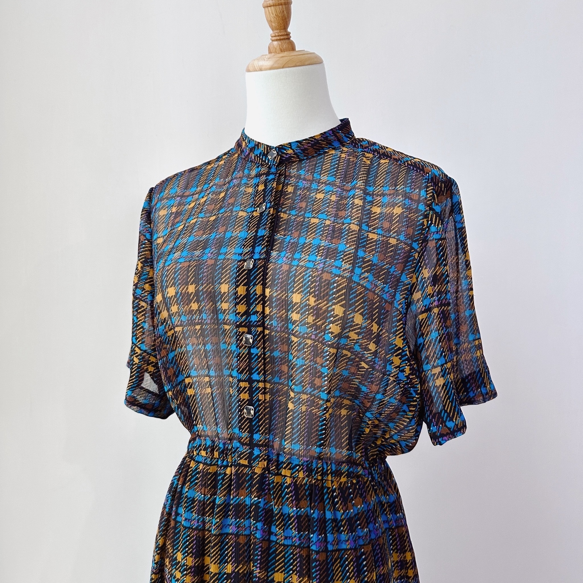 文青復古感黃藍格紋連身裙