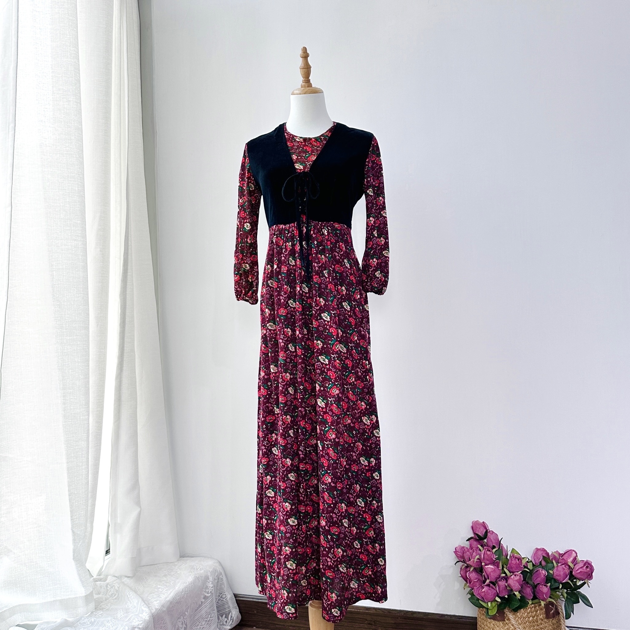 歐式古典感酒紅色假兩件連身裙