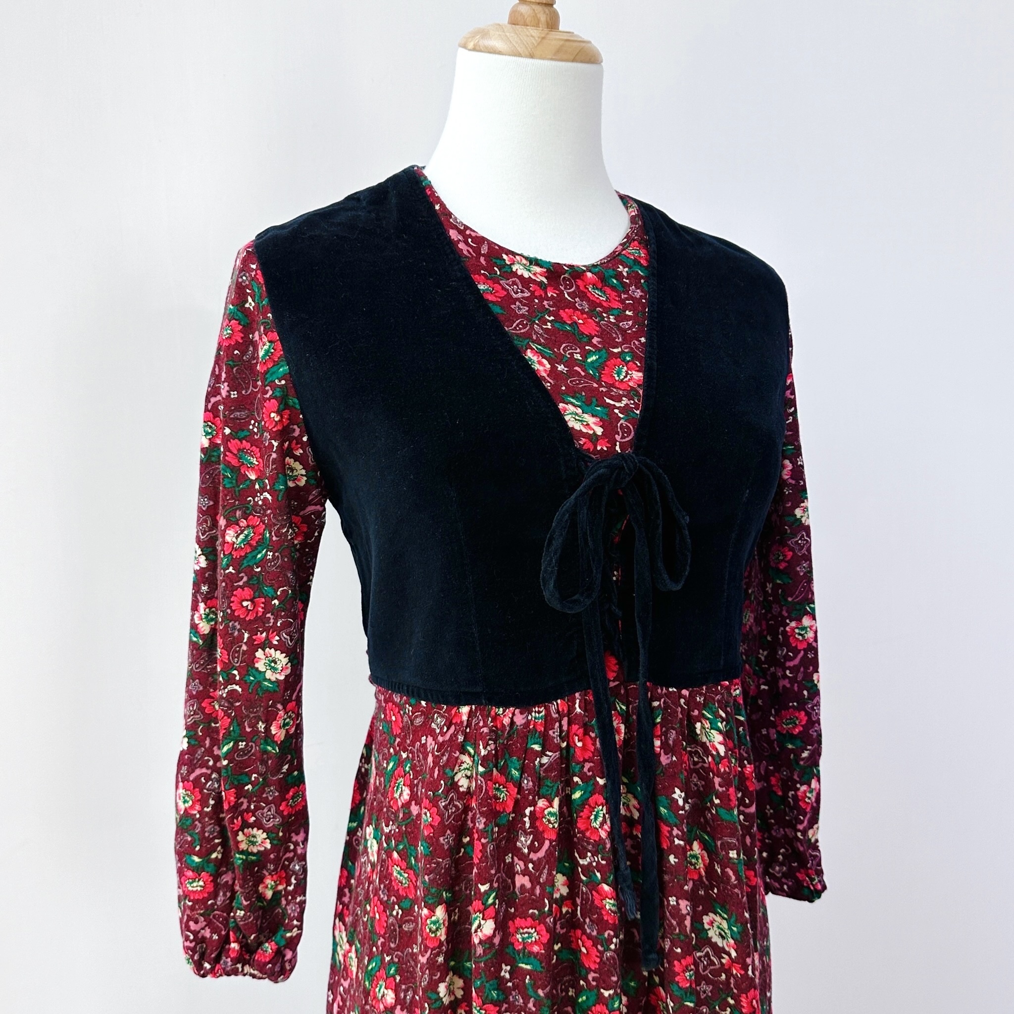 歐式古典感酒紅色假兩件連身裙