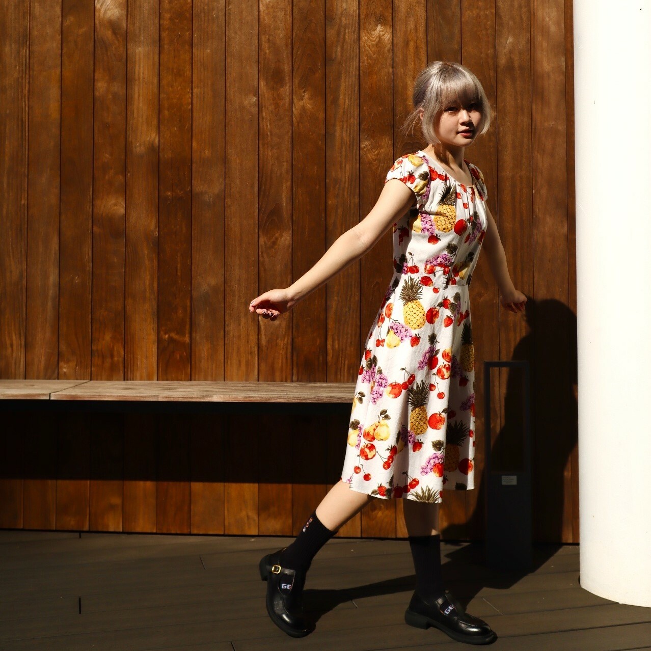 日本製白色水果圖案綿質古著連身裙