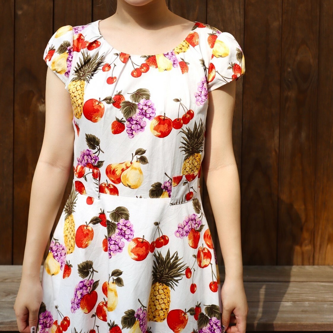 日本製白色水果圖案綿質古著連身裙