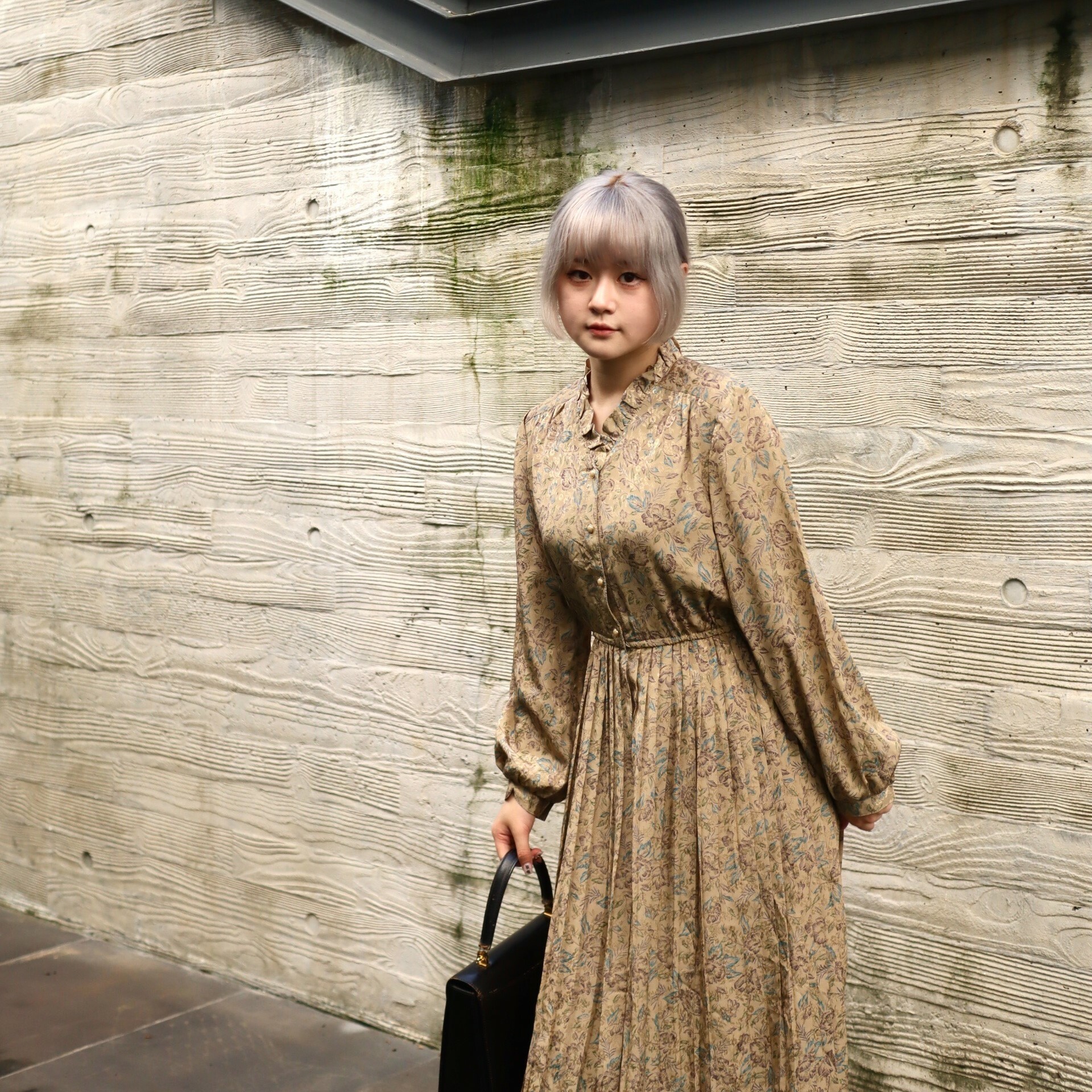 焙茶色優雅Ruffle領日本古著連身裙