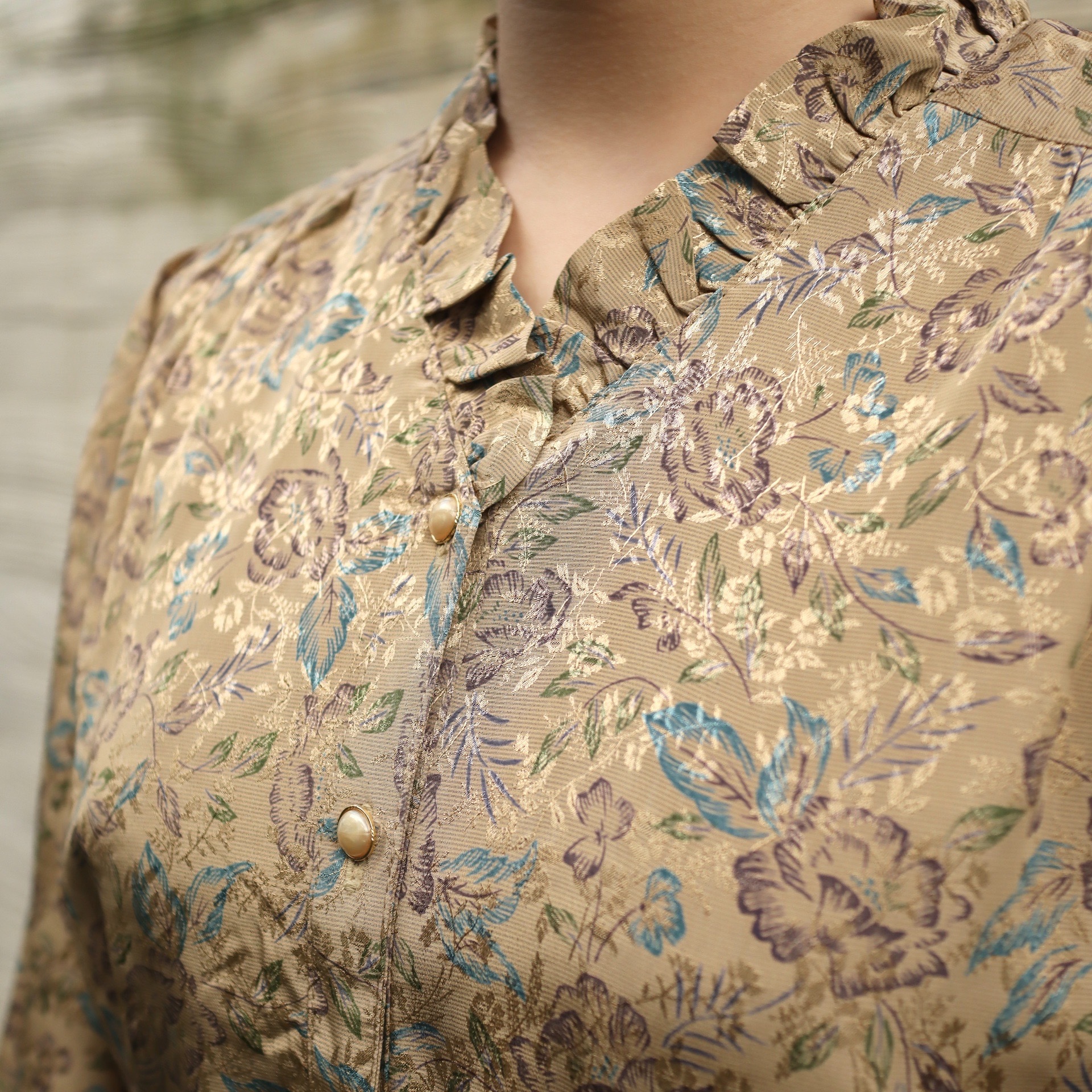 焙茶色優雅Ruffle領日本古著連身裙