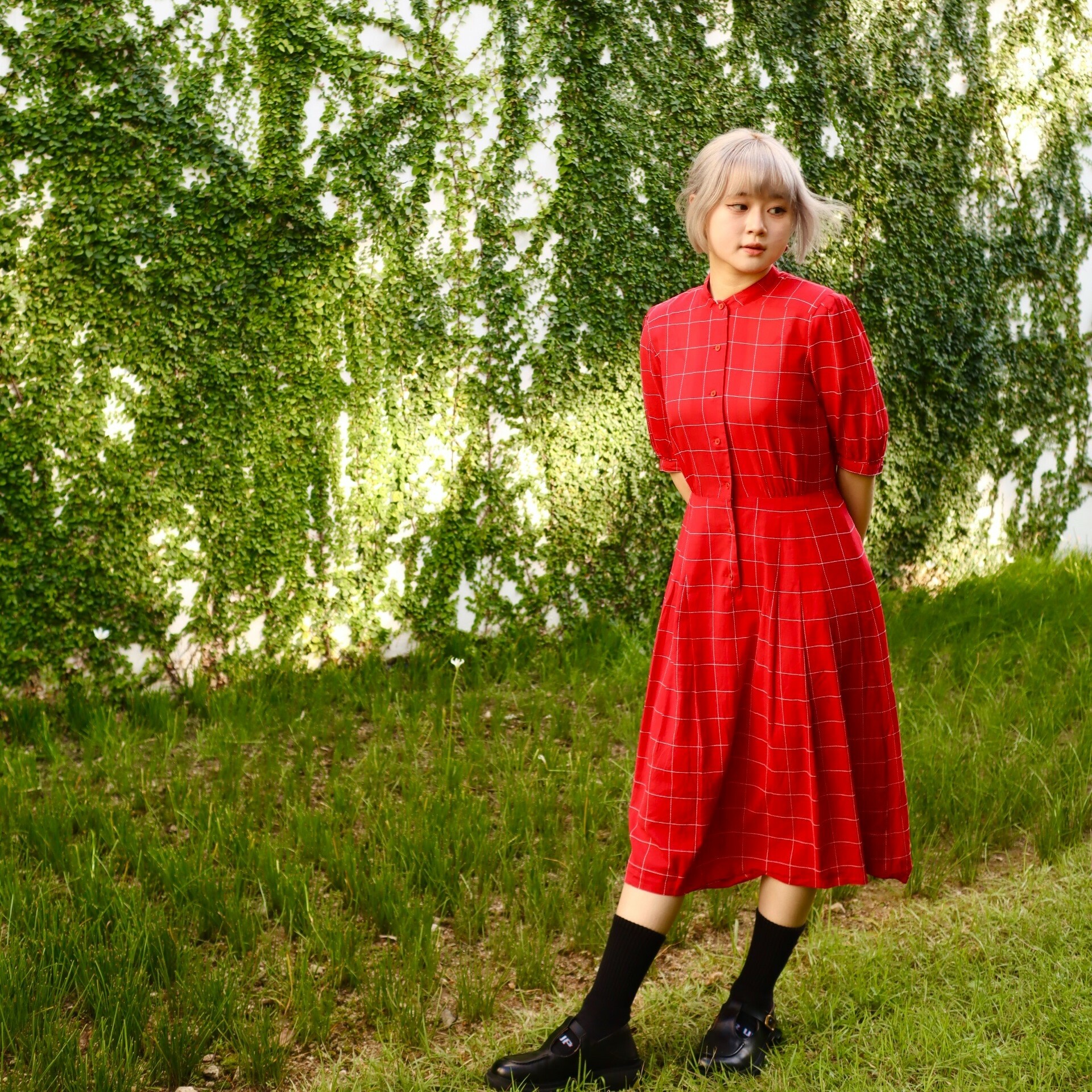 復古日系鮮紅色大格紋連身裙