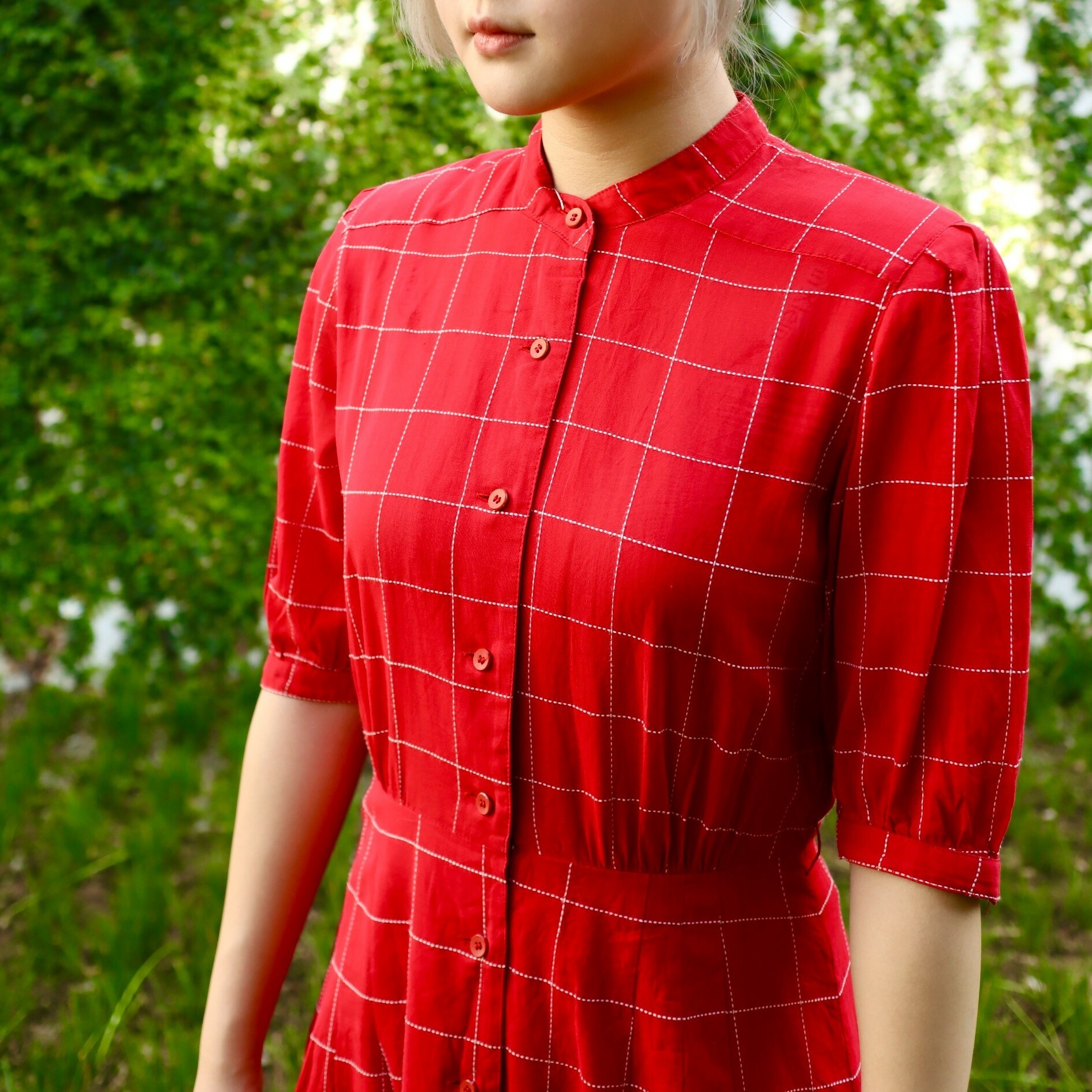 復古日系鮮紅色大格紋連身裙