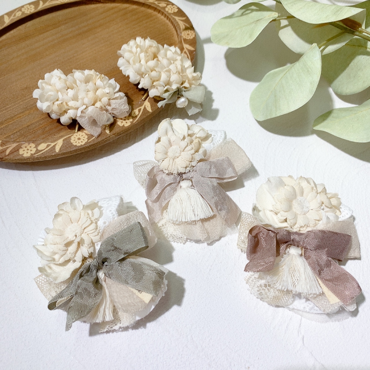 [手作家] 復古風布花蝴蝶結流蘇髮夾