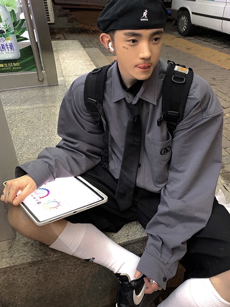 Aurocean 冷灰落肩寬鬆長袖襯衫