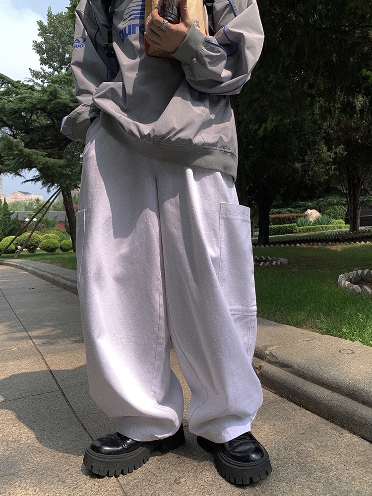 Aurocean 純白重磅大口袋寬鬆工裝牛仔褲