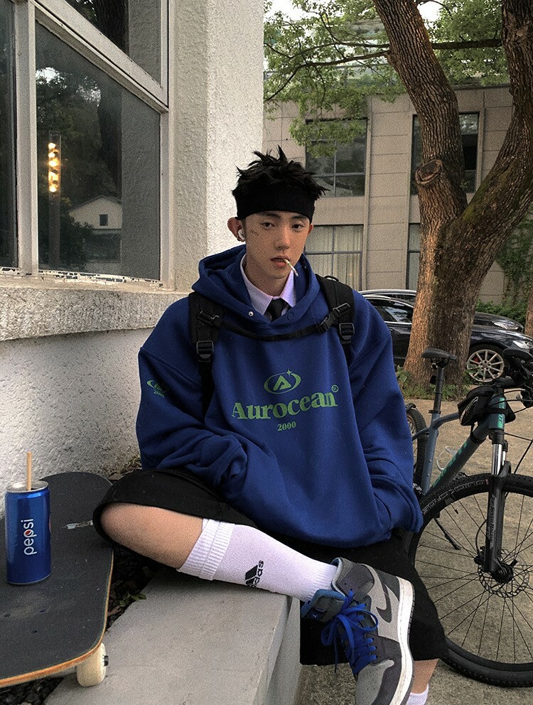 Aurocean 500克重磅寶藍撞色logo連帽衛衣