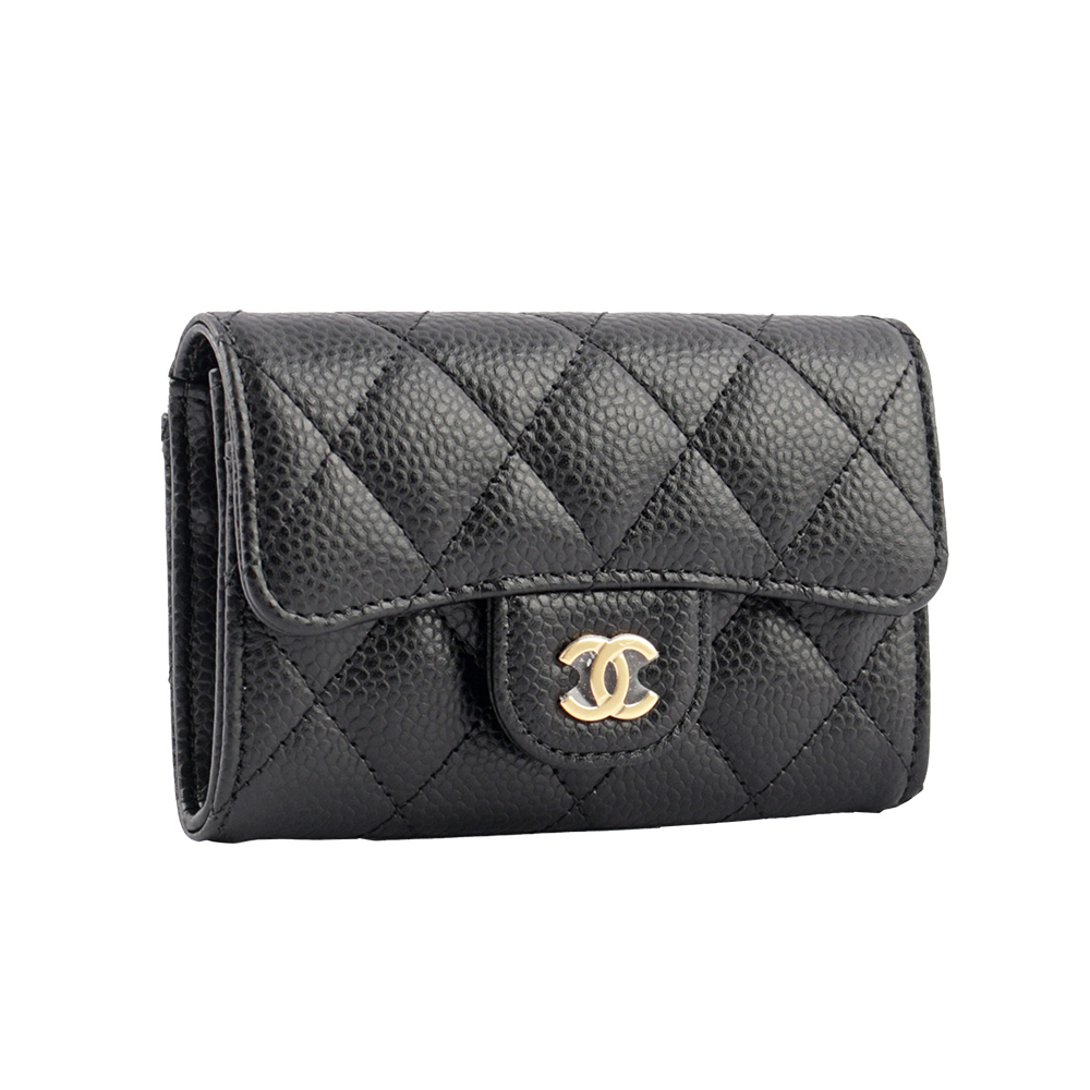 【CHANEL】金色Logo 菱格紋荔枝牛皮翻蓋卡片夾(黑色) AP0214 Y01864 C3906
