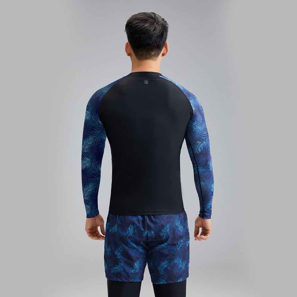 中性棕櫚印花長袖游泳防曬上衣 - 黑/深藍