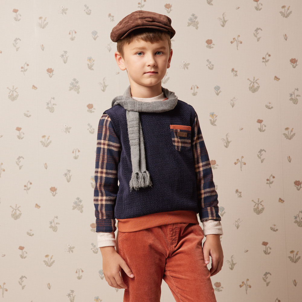 PIPPY經典格紋拼接圓領長袖上衣 藍