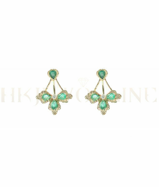 18K Yellow Gold Emerald National Style Diamond Earrings ( Two-wear style )