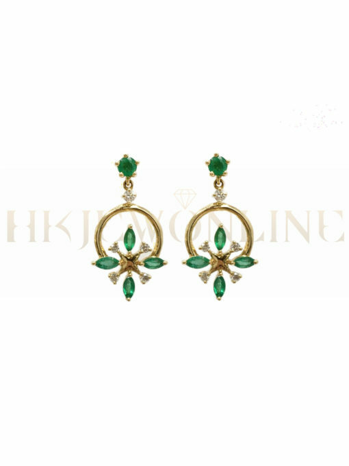 18K Yellow Gold Emerald National Style Diamond Earrings