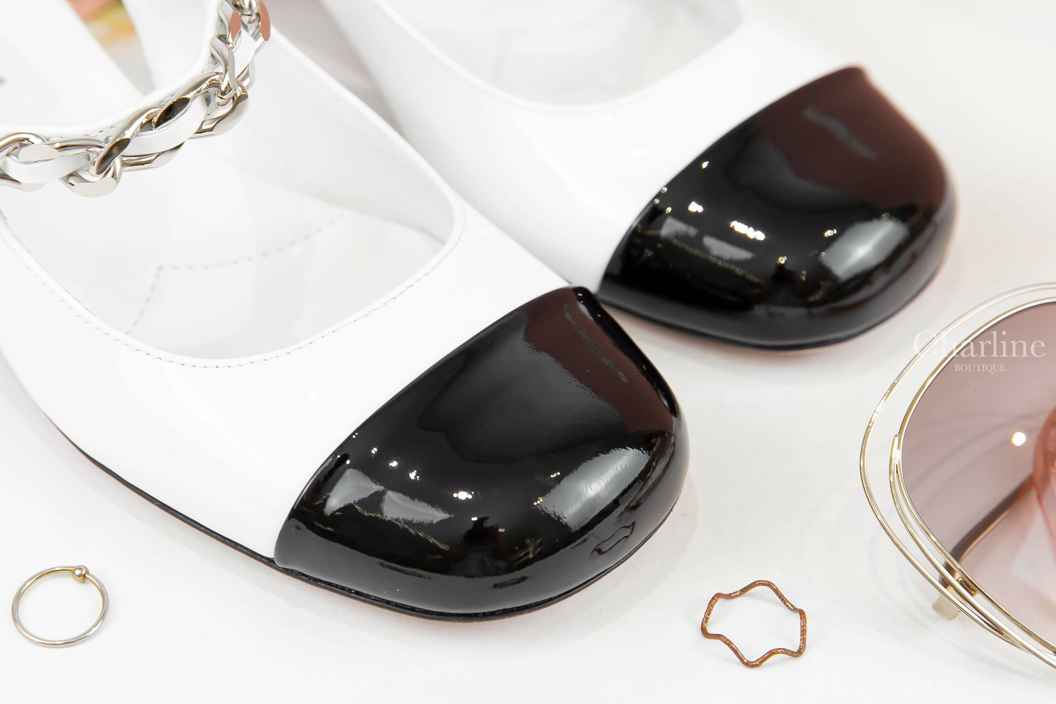Miu Miu Leather Slingback Pumps 白色拼黑色漆皮銀鍊珍珠絆帶低跟瑪莉珍鞋