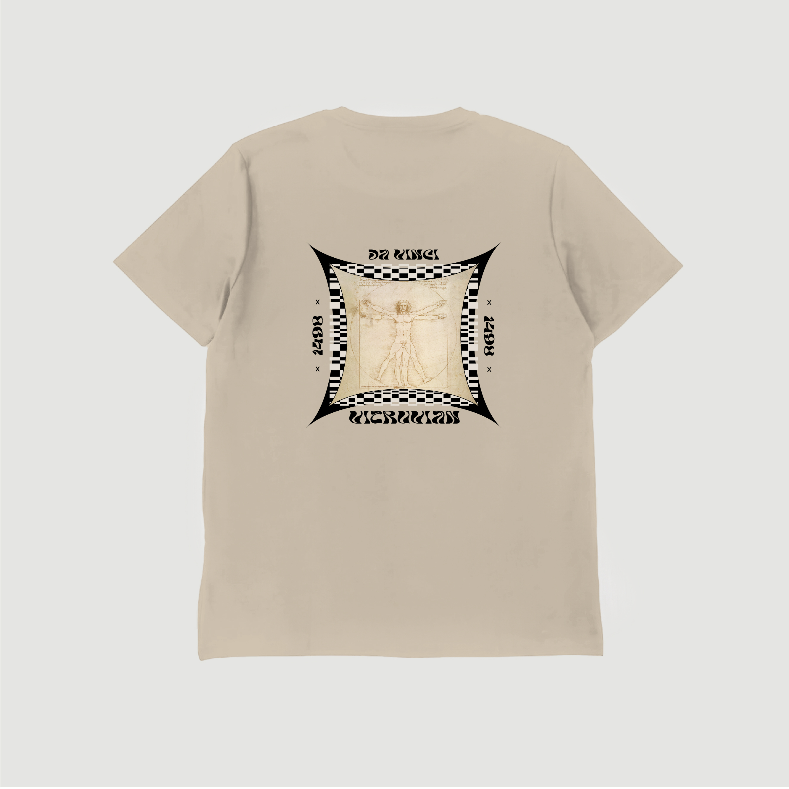 藝術T恤｜達文西《維特魯威人》棋盤格紋 卡其