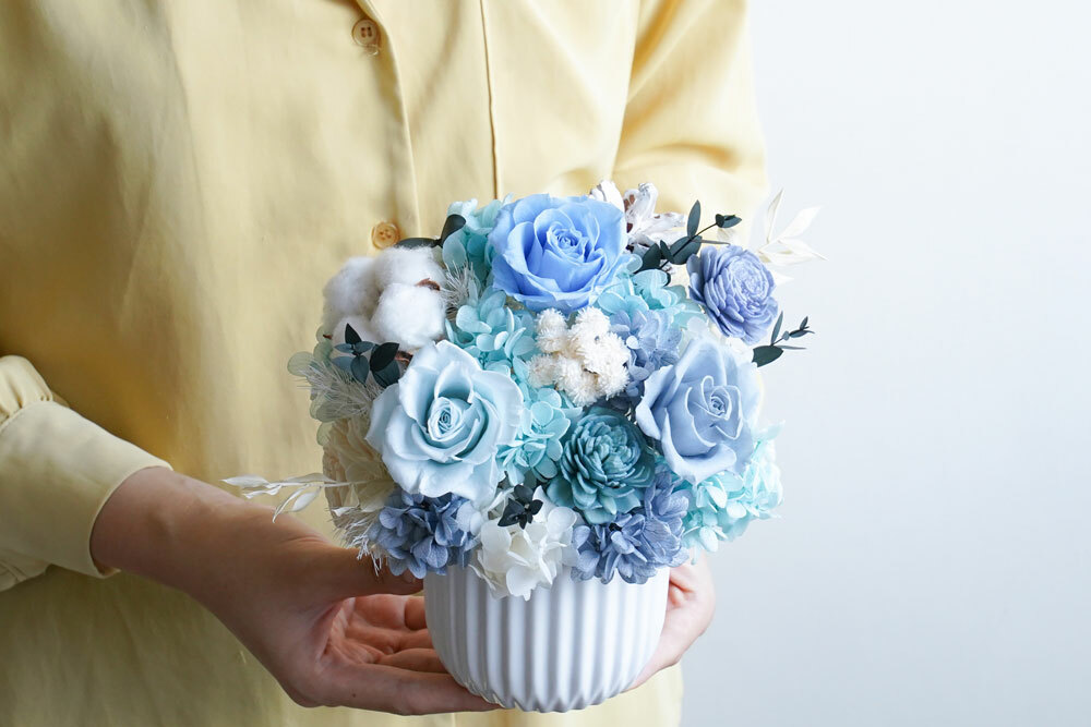 永生花天空藍盆栽,古典天空藍,代客送花服務,永生玫瑰花送花服務特寫手拿