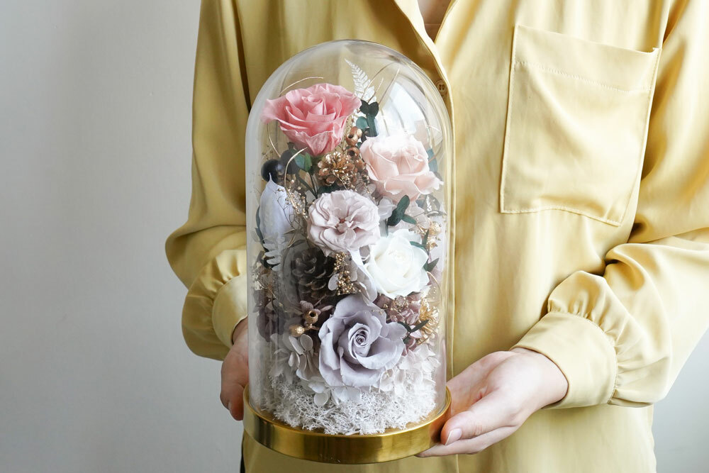 奶茶色永生花玻璃罩-奶茶色玫瑰-台北永生花推薦