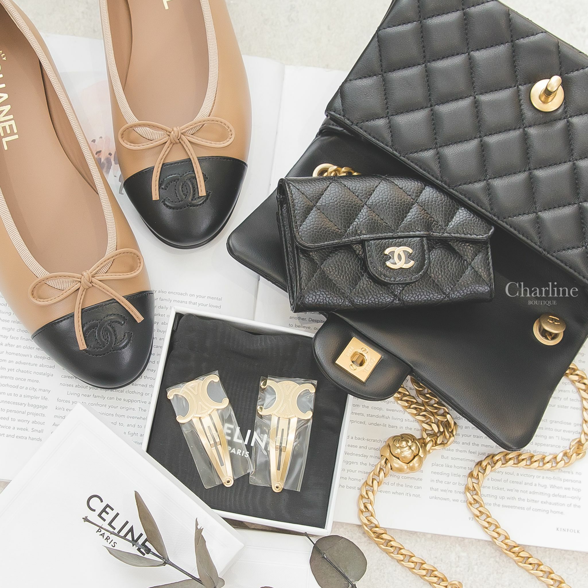 Celine 金色凱旋門髮夾,Chanel 黑色金CC金色山茶花鍊帶20cm小羊皮菱格紋手提肩背包,Chanel 深咖啡/黑色蝴蝶結娃娃鞋,Chanel 黑色金CC酒紅內裡荔枝菱格紋零錢夾-Charline Boutique精品代購