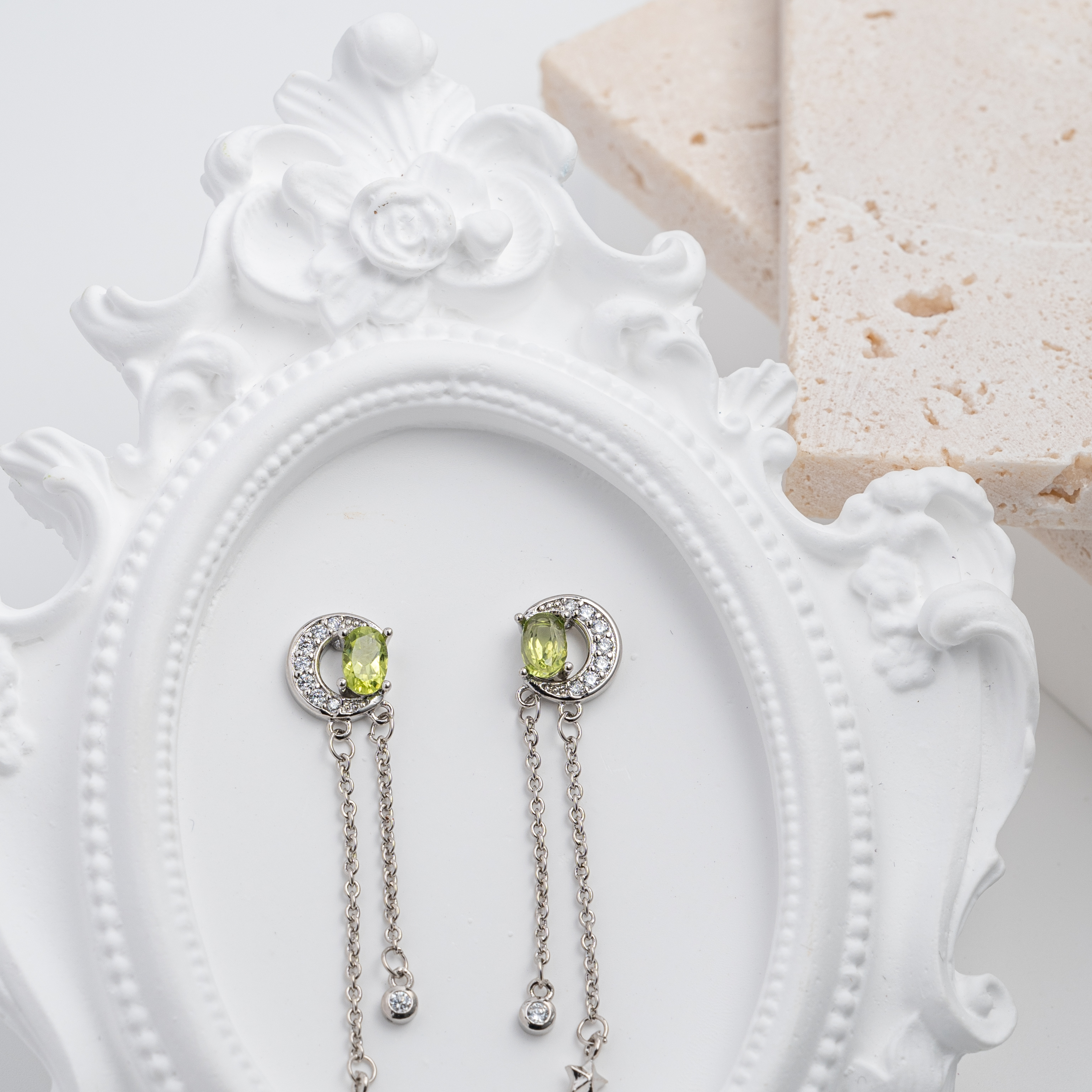 【橄欖石】月亮小碎鑽吊墜耳環