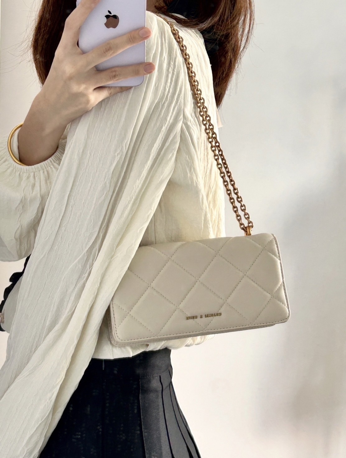 <快速出貨> Charles&Keith 菱格紋WOC 奶油白/經典黑