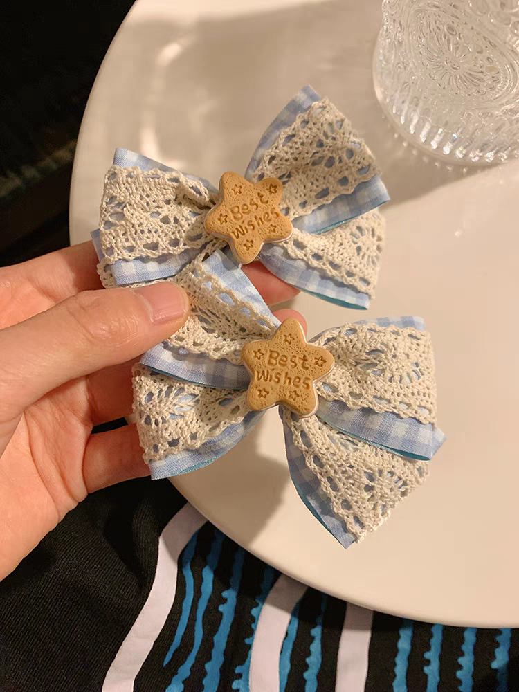 [4 for RM10] Cream Blue~Star Ribbon Lace Hair Clip