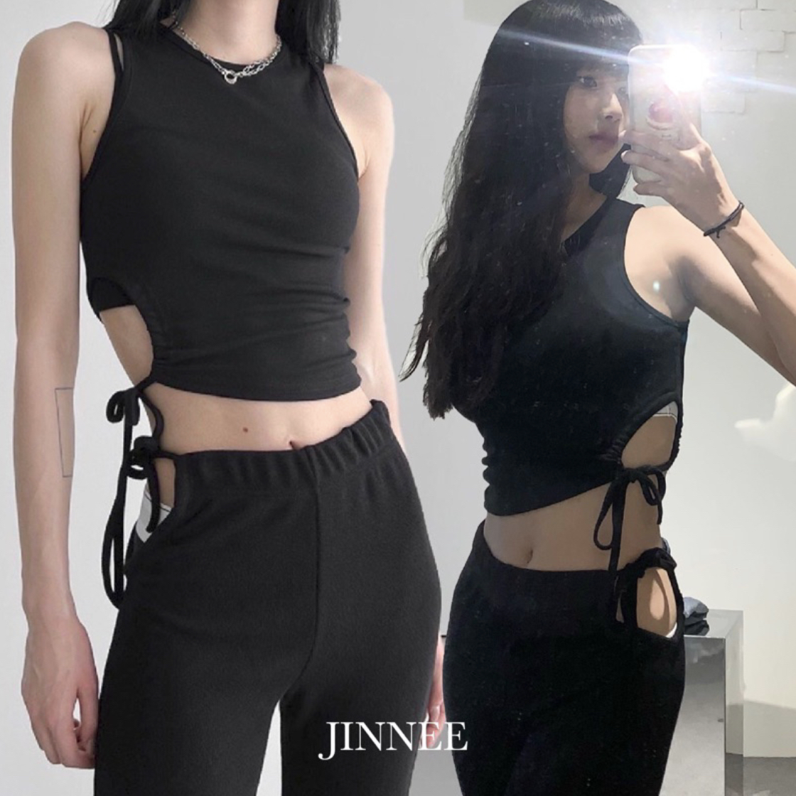 【JINNEE】(SALE) 韓國🇰🇷 鏤空 綁帶設計 小背心 上衣 挖空 賽車背心 短版 無袖 削肩