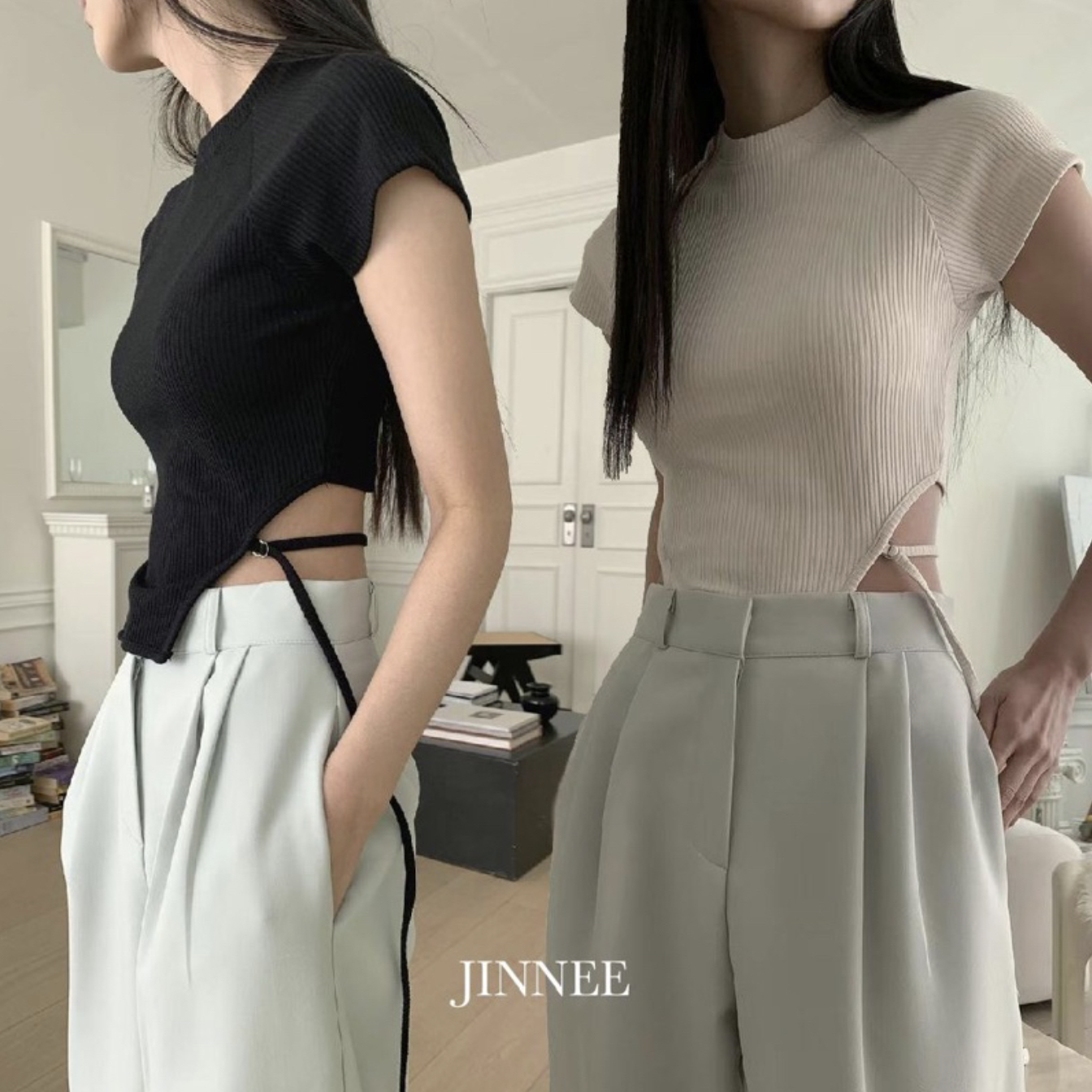 【JINNEE】韓國🇰🇷 直紋 微高領 鏤空 美背 綁帶 上衣 短袖 馬甲 修腰身