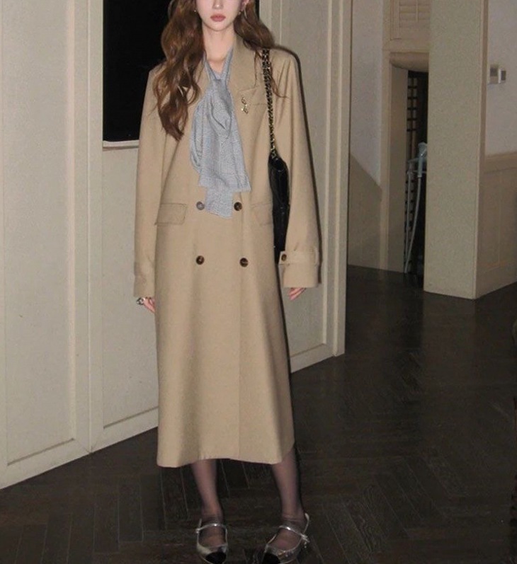 雙排扣長版風衣外套(附胸針)