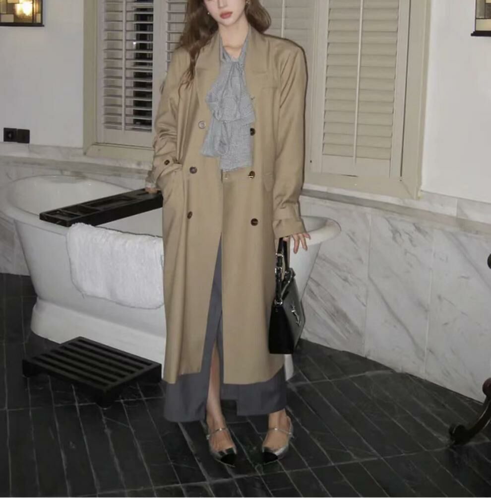 雙排扣長版風衣外套(附胸針)