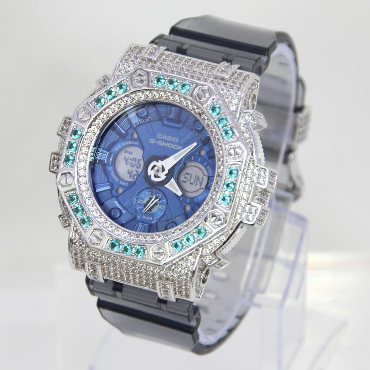 銀色 Mini-G 改裝手錶 GMA-S120TB-8A - 碧藍八角雙圈