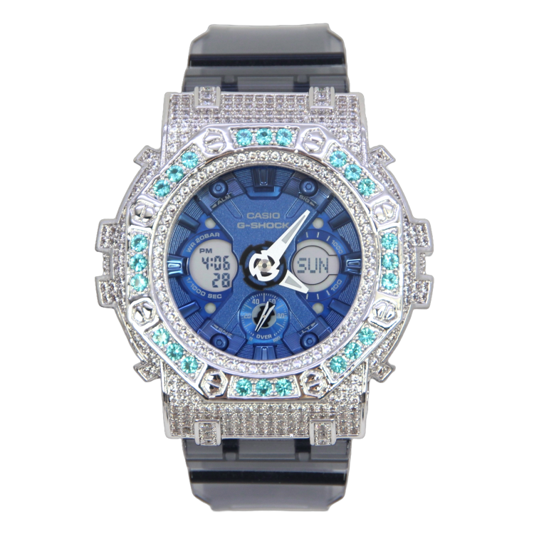 銀色 Mini-G 改裝手錶 GMA-S120TB-8A - 碧藍八角雙圈