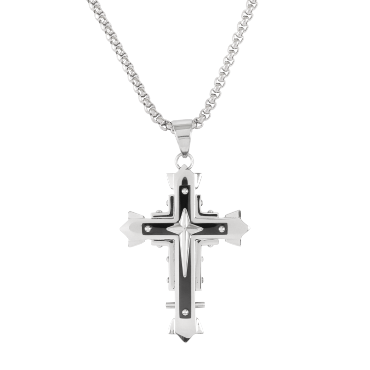 白鋼項鍊，男士項鍊 十字架；層次堆疊炫目設計前衛工業風潮（9125黑色）